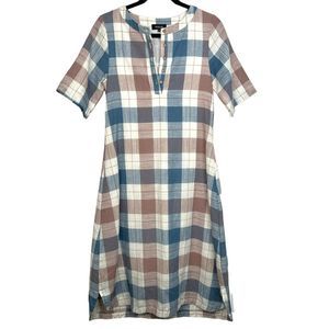 Roolee Ellis Plaid midi Dress XS Cotton Blue Pink Cream V Neck Button Classic